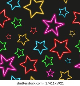 Seamless neon pattern. Stars red blue purple and yellow color on a black background