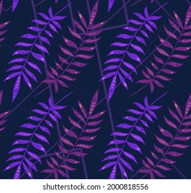 Seamless neon pattern with tropical leaves with folk decoration on geometric lines. Texture with violet leaves with tribal ornament. Vector wallpaper with branch of rainforest. Natural fabric