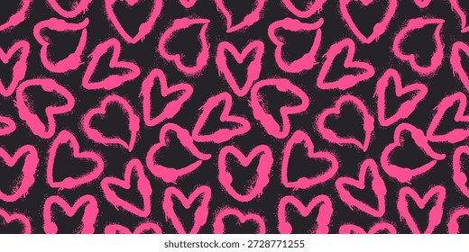 Patrón de corazón rosa neón sin fisuras con textura de spray arenoso sobre fondo oscuro. Impresión romántica audaz para el envoltorio del día de San Valentín, tela, Fondo de pantalla, embalaje, tarjetas, carteles y marca de moda del amor.