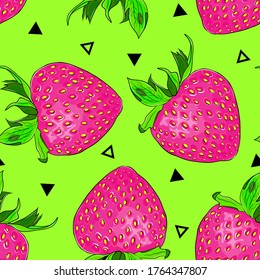 Patrón de fresa de neón sin foco con elementos geométricos. Diseño de verano a la moda listo para ser impreso en envases textiles o de productos.  Fresa rosa sobre fondo verde en colores altos saturados