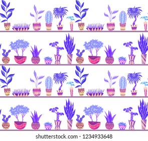 Seamless neon texture with cartoon home flowers in pots with decorations on shelves.  Objects separate from the background. Vector pattern for frames, cards, backgrounds and your creativity