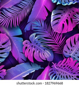 Patrón tropical de neón sin incandescencia, vacaciones vectoriales Monstera Diseño de hojas de palmera, fondo de disco tropical, Ilustración de selva exótica hawaiana, fondo, tela, textil, cubierta, papel tapiz