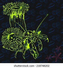 Seamless neon vector pattern with seashells, starfish