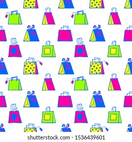 Seamless neon-colored pattern of stylized shopping bags on a white background. Hand-drawn collection. Vector illustration.