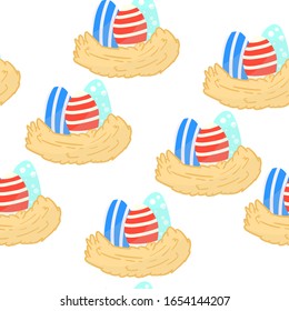 A seamless nest pattern with colored eggs for the Easter holiday.