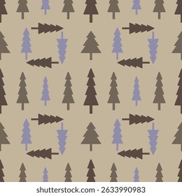 Seamless neutral nature design of brown and blue forest. Perfect for wrapping paper, packaging, birthday, texture, graphic, wallpaper. Christmas themed holiday backdrop background for websites. EPS 10