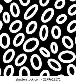 Seamless neutral oval pattern. White hand-drawn rings isolated on black background. Doodle dots cozy ornament. Vector illustrations with circles for wallpaper, posters, wrapping paper, textile, fabric