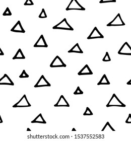 Seamless neutral pattern. Black hand-drawn triangles isolated on white background. Scandinavian cozy ornament. Vector geometric shapes illustrations for wallpaper, posters, wrapping paper, textiles