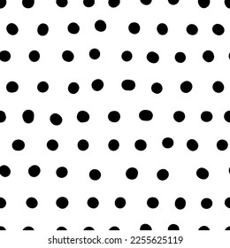 Seamless neutral polka dots pattern. Black hand-drawn circles isolated on white background. Abstract lines of points ornament. Vector illustration for wallpaper, fabric, print, wrapping paper, textile