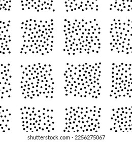 Seamless neutral polka dots pattern. Black hand-drawn circles on white background. Abstract square of points ornament. Vector cell illustration for wallpaper, fabric, print, wrapping paper, textile