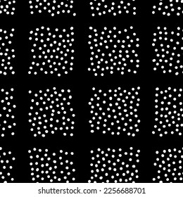 Nahtlose neutrale Polka-Punktmuster. Weiße, handgezeichnete Kreise auf schwarzem Hintergrund. Abstraktes Quadrat von Punktverzierungen. Vektorzellgrafik für Tapeten, Gewebe, Druck, Packpapier, Textilien