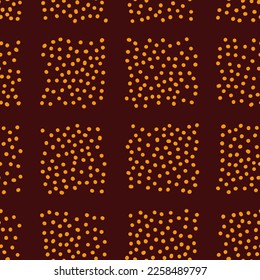 Seamless neutral polka dots pattern. Gold hand-drawn circles on brown background. Abstract square of points ornament. Vector cell illustration for wallpaper, fabric, print, wrapping paper, textile