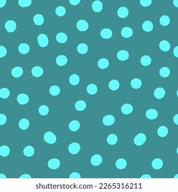Seamless neutral polka dots pattern. Blue hand-drawn circles on celadon background. Abstract Random points ornament. Vector doodle illustration for wallpaper, fabric, print, wrapping paper, textile
