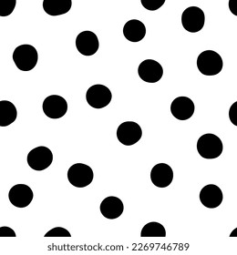 Seamless neutral polka dots pattern. Black hand-drawn circles isolated on white background. Abstract Random points ornament. Vector illustration for wallpaper, fabric, print, wrapping paper, textile