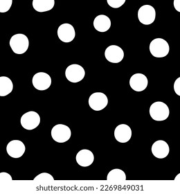 Seamless neutral polka dots pattern. White hand-drawn circles on Black background. Abstract Random points ornament. Vector simple illustration for wallpaper, fabric, print, wrapping paper, textile