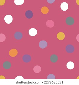 Seamless neutral polka dots pattern. Colorful hand-drawn circles on Pink background. Abstract bright points ornament. Vector light illustration for baby shower, fabric, print, wrapping paper, textile
