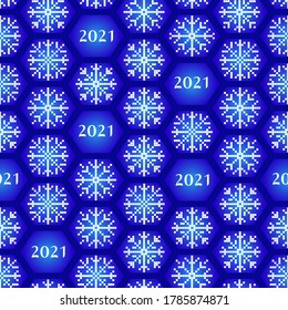 Nahtlose neue Jahresmuster 2021. Sonniger Weihnachtshintergrund mit Schneeflocken zum Umhüllen. Druck für Stoff und Packpapier.