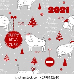 Seamless new year 2021 pattern. Funny Christmas background with congratulation and funny cow for wrapping. Vector background for fabric, wrapping paper and phone case.
