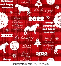 Seamless new year 2022 pattern. Funny christmas background with tiger. 