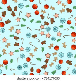Seamless New Year background with a fir-tree, ginger man, mittens, snowflakes, stars