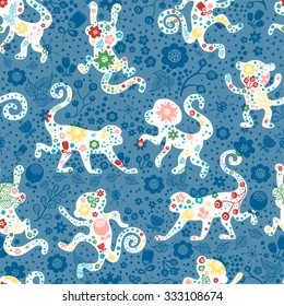 Seamless New Year background, symbol of 2016. Monkey pattern with garden flowers. Christmas print for wallpaper, wrapping paper, fabric design, greeting card, cover and other festive decoration. 