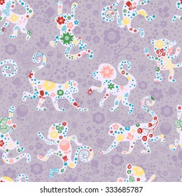 Seamless New Year background, symbol of 2016. Monkey pattern with garden flowers, fabric design. Christmas print for wallpaper, wrapping paper, cloth, greeting card, cover and other festive decoration