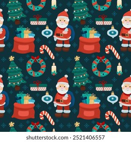 Seamless New Year bright pattern with festive elements Santa Claus, gifts, Christmas trees, Christmas tree toys, wreath, candies, wreath. Modern design