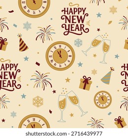 Patrón de celebración de año Nuevo sin fisuras con copas de champán, relojes de medianoche, fuegos artificiales y serpentinas festivas sobre un fondo crema vintage. Ilustración de vacaciones de estilo Vector plano.