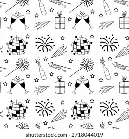 Patrón inconsútil de la celebración del año Nuevo que presenta Elementos de arte de línea dibujados a mano como fuegos artificiales, copas de champán, sombreros del partido, cajas de regalo, bolas de la discoteca, estrellas, botellas y cohetes