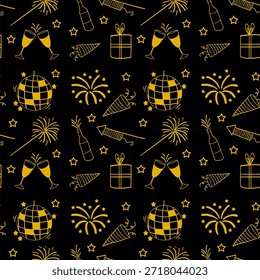 Seamless New Year celebration pattern featuring hand-drawn line art elements such as fireworks, champagne glasses, party hats, gift boxes, disco balls, stars, bottles, and rockets