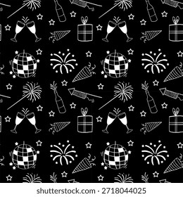 Patrón inconsútil de la celebración del año Nuevo que presenta Elementos de arte de línea dibujados a mano como fuegos artificiales, copas de champán, sombreros del partido, cajas de regalo, bolas de la discoteca, estrellas, botellas y cohetes