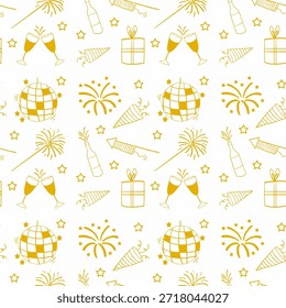 Patrón inconsútil de la celebración del año Nuevo que presenta Elementos de arte de línea dibujados a mano como fuegos artificiales, copas de champán, sombreros del partido, cajas de regalo, bolas de la discoteca, estrellas, botellas y cohetes