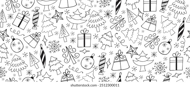 Seamless New Year and Christmas background with hand drawn Christmas elements. Vector.