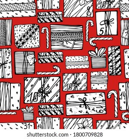 Año Nuevo sin mar, patrón de Navidad con regalos, cajas, cintas, sorpresas, bolsas de regalo. Humor festivo, Navidad. Para textiles, embalaje, banners, papel de diseño. Fondo aislado, gráficos a mano.