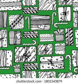 Año Nuevo sin mar, patrón de Navidad con regalos, cajas, cintas, sorpresas, bolsas de regalo. Humor festivo, Navidad. Para textiles, embalaje, banners, papel de diseño. Fondo aislado, gráficos a mano.