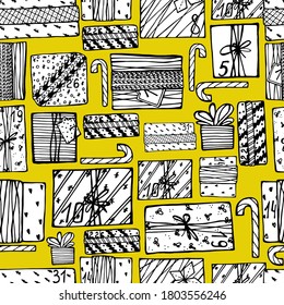 Año Nuevo sin mar, patrón de Navidad con regalos, cajas, cintas, sorpresas, bolsas de regalo. Humor festivo, Navidad. Para textiles, embalaje, banners, papel de diseño. Fondo aislado, gráficos a mano.