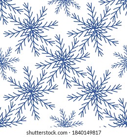 Seamless New Year and Christmas pattern. Blue snowflakes on a white background. Print for wrapping paper. Hand-drawn winter watercolor background. Snow and blizzard print.
