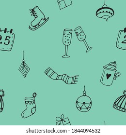 seamless new year and christmas pattern. doodles on green background