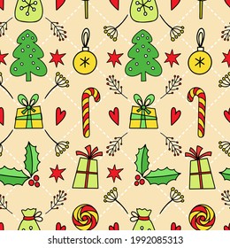 Nahtloses Neujahr und Weihnachtsmuster. Doodle-Stil, Handzeichnung. Weihnachtsbaum, Lollipop, Gehstock, Sterne, Geschenke. Für Tapeten, Postkarten, Grüße, Hintergrund. Vektorgrafik