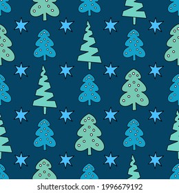 Seamless New Year and Christmas pattern. Doodle style, hand drawing. Christmas tree, blue stars. For wallpaper, postcards, greetings, background. Vector illustration