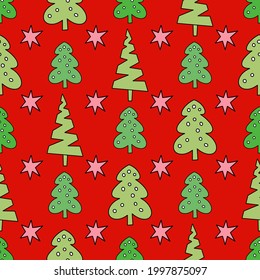 Año Nuevo y patrón de Navidad sin inconvenientes. Estilo garabato, dibujo a mano. Árbol de Navidad, estrellas. Para fondo de pantalla, postales, saludos, fondo. Ilustración del vector