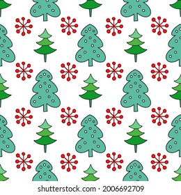 Seamless New Year and Christmas pattern. Doodle style, hand drawing. Christmas tree. For wallpaper, postcards, greetings, background. Vector illustration