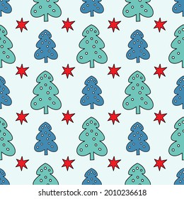 Año Nuevo y patrón de Navidad sin inconvenientes. Estilo garabato, dibujo a mano. Árbol de Navidad, estrellas rojas. Para fondo de pantalla, postales, saludos, fondo. Ilustración del vector