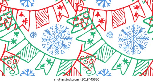 Año Nuevo ininterrumpido o patrón de Navidad con copos de nieve y banderas de doodle dibujadas a mano en fondo blanco
