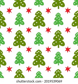 Seamless New Year and Christmas pattern. Doodle style, hand drawing. Christmas tree, red stars. For wallpaper, postcards, greetings, background. Vector illustration