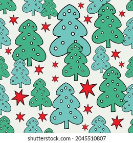 Seamless New Year and Christmas pattern. Doodle style, hand drawing. Christmas tree, red stars. For wallpaper, postcards, greetings, background. Vector illustration