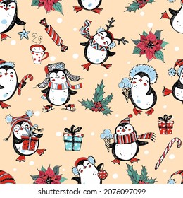 Seamless New Year and Christmas pattern with cute penguins with gifts and poinsettia flowers. Vector.