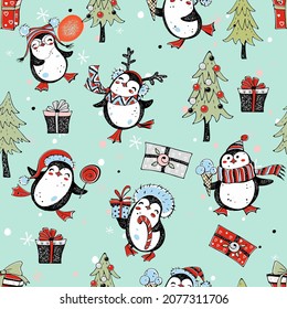 Seamless New Year and Christmas pattern with cute penguins with Christmas trees and gifts. Vector.
