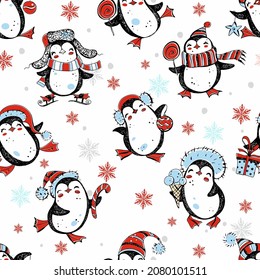 Seamless New Year and Christmas pattern with cute penguins and snowflakes. Vector.