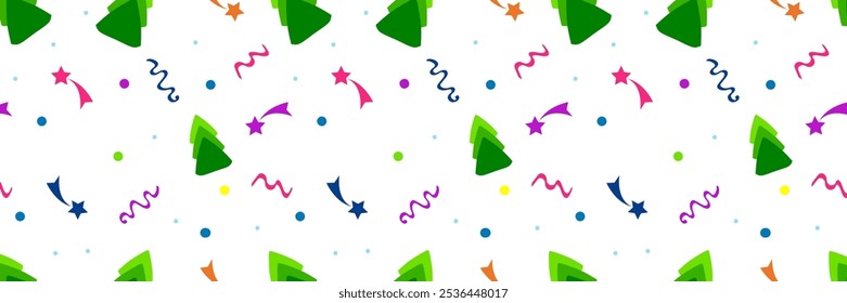 Seamless New Year and Christmas pattern. Spruce, stars, streamers on a white background for the design of packaging, wrapping paper, wallpaper. Vector graphics